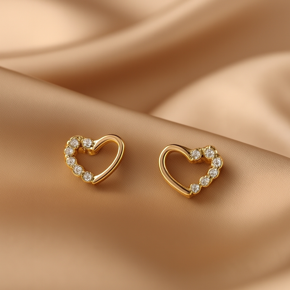 Gold Heart Stud Earrings w/ Sparkling Accents – Dainty Romantic Women's Jewelry